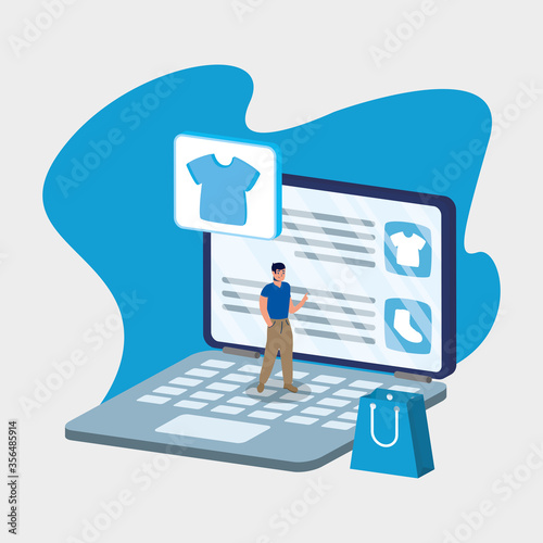 shopping online ecommerce with man in laptop and bag
