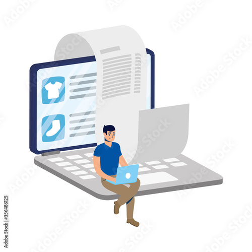 business online ecommerce in laptop with man buying clothes