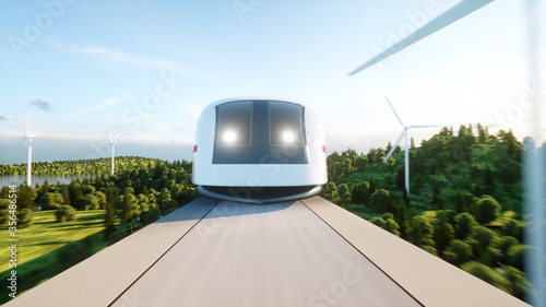 futuristic, modern Maglev train passing on mono rail. Ecological future concept. Aerial nature view. 3d rendering.