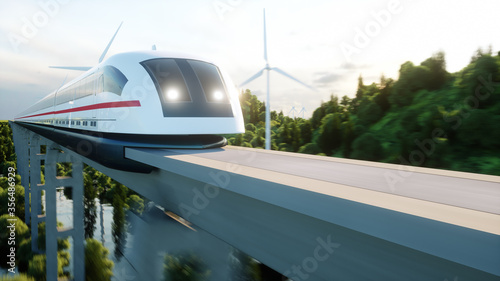 futuristic, modern Maglev train passing on mono rail. Ecological future concept. Aerial nature view. 3d rendering.