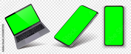 Telephone and laptop in rotated position green screen isolated white background. Realistic laptop incline 90 degree isolated on white background. computer notebook. Cellphone frame with blank display.