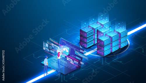 Web hosting concept. Isometric design concept on cloud computing theme. Mock-up for website and mobile website. Computer Network, Global internet Communication Concept. Vector illustration