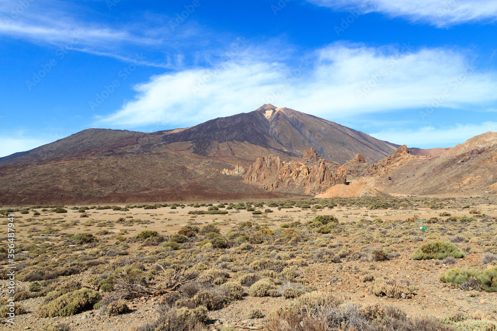 Volcano Mount Teide peak and rock formations Roques de Garcia in Teide National Park on Canary Island Tenerife, Spain