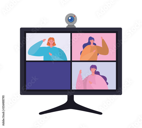 Women avatars on computer in video chat conference design, Call online and webcam theme Vector illustration