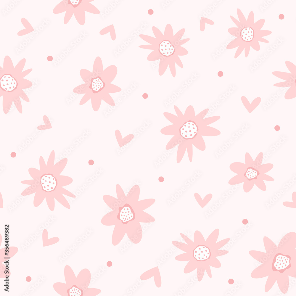 Seamless pattern with scattered flowers, hearts and dots. Cute girly print. Vector illustration.