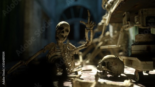 Scary skeletons in old hospital, morgue. Apocalypse horror concept. 3d rendering.