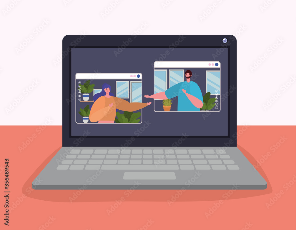 Woman and man avatar on laptop in video chat design, Call online conference and webcam theme Vector illustration Woman and man avatar on laptop in video chat design, Call online conference and webcam theme Vector illustration