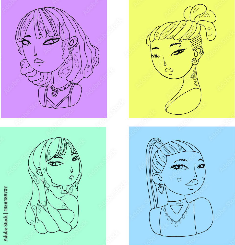 4 girl's portraits. Vector Outlined