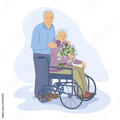 Elderly couple. A woman is sitting in a wheelchair with a bouquet ofbouquet. A man hugs her shoulders. Vector illustration. Flat style.