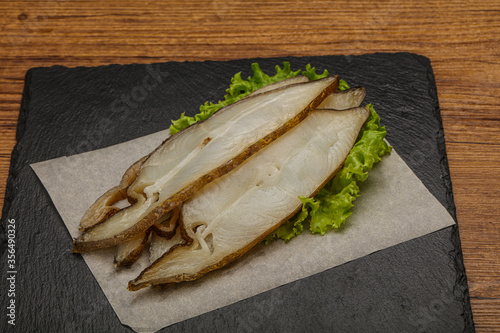 Delicous smoked halibut slices snack
