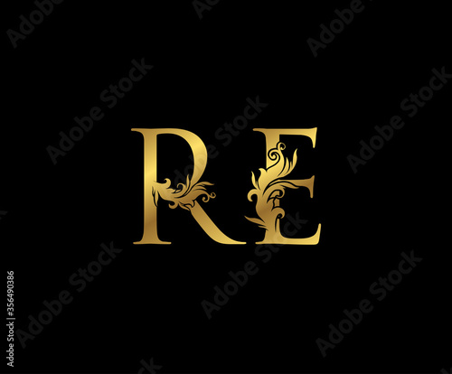 Vintage Gold R, E and RE Letter Floral logo. Classy drawn emblem for book design, weeding card, brand name, business card, Restaurant, Boutique, Hotel.
