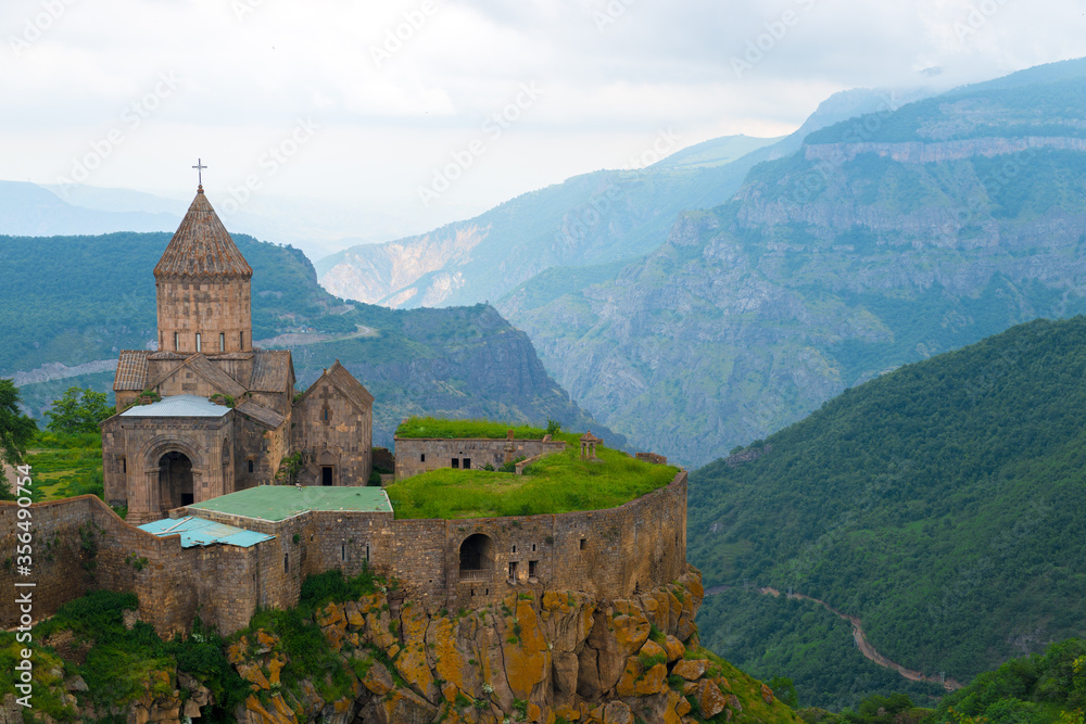 Beautiful postcard view of Tatev Monastery and the mountains of Armenia
