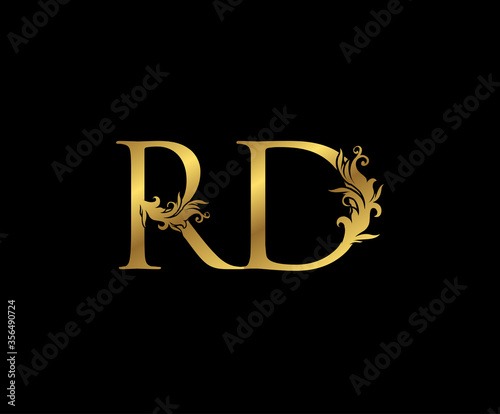 Vintage Gold R, D and RD Letter Floral logo. Classy drawn emblem for book design, weeding card, brand name, business card, Restaurant, Boutique, Hotel.