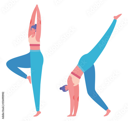 Women with sportswear doing yoga design, Stay at home gym sport and bodybuilding theme Vector illustration