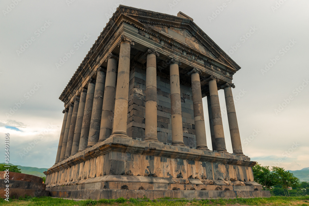 colonnade of the beautiful Garni temple in the mountains of Armenia, a landmark of the country