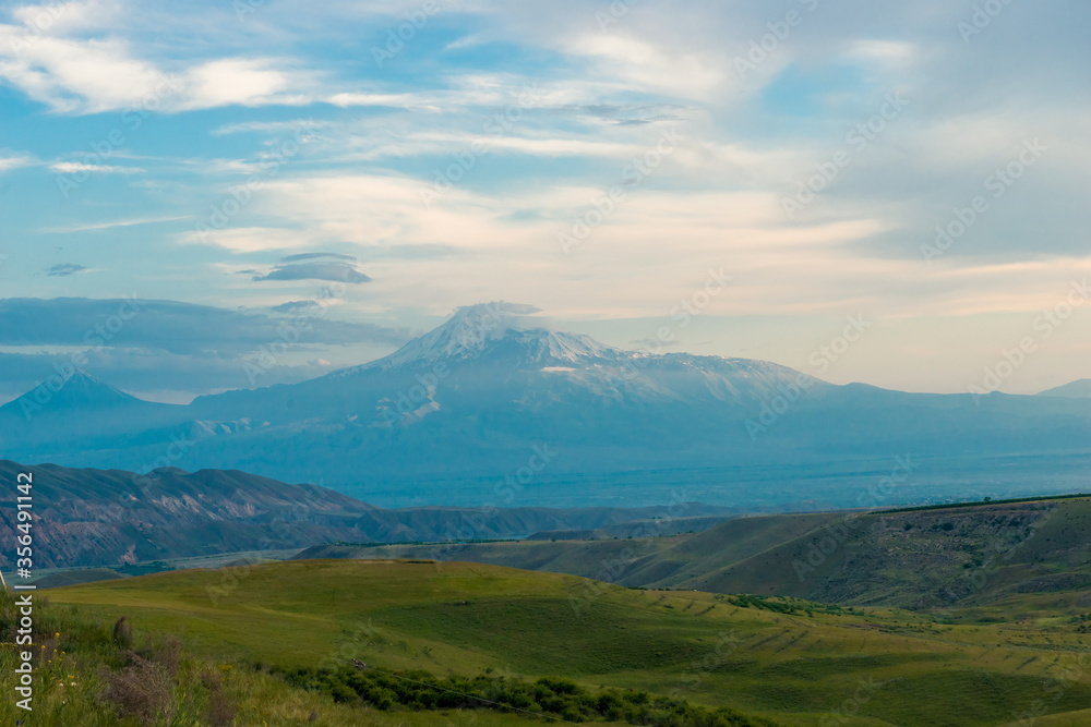 beautiful picturesque evening landscape of Armenia - Mount Big Ararat with a snow-capped peak