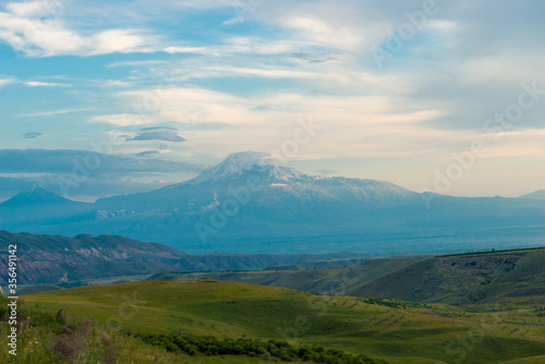 beautiful picturesque evening landscape of Armenia - Mount Big Ararat with a snow-capped peak
