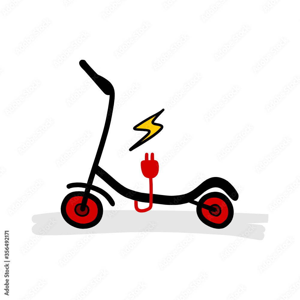 Red and black eco electric scooter. Cartoon illustration hand drawn on white background. Isolated vector drawing.