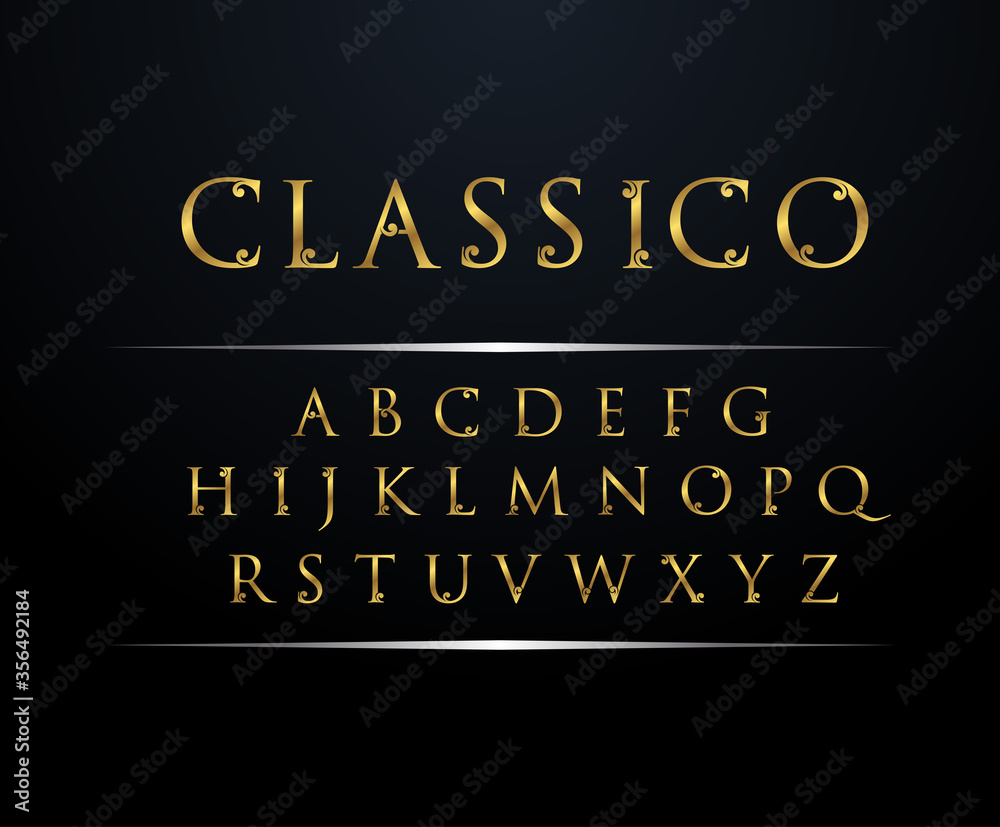 Classico, Set of Golden swirl alphabet font uppercase letters.