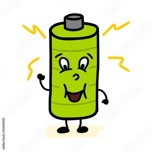 Happy AA battery cell character mascot full of energy. Fully charged. Cartoon illustration hand drawn on white background. Isolated vector drawing.
