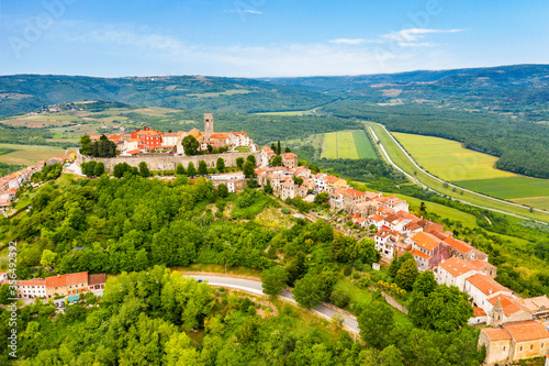 Motovun. Beautiful aerial view of idyllic hill town of Motovun. Istria region of Croatia