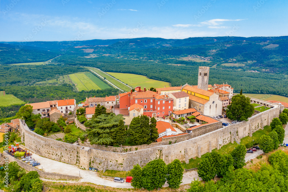 Motovun. Beautiful aerial view of idyllic hill town of Motovun. Istria region of Croatia Motovun. Beautiful aerial view of idyllic hill town of Motovun. Istria region of Croatia