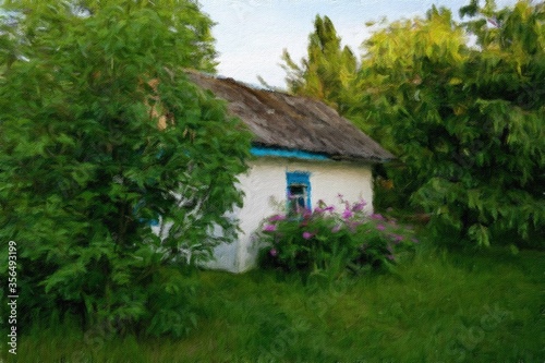 Oil paintings landscape, traditional house in the village
