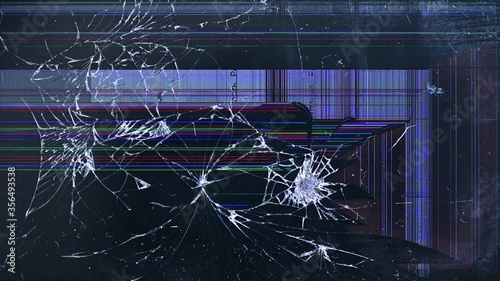 Broken shattered TV or phone screen with glitch and cracks