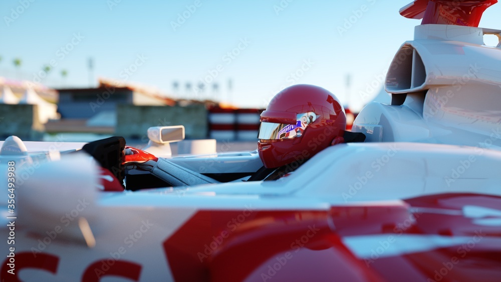 Racer of formula 1 in a racing car. Race and motivation concept. Wonderfull sunset. 3d rendering. - obrazy, fototapety, plakaty 