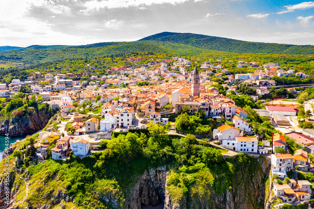 Fototapeta premium Beautiful town Vrbnik, Krk island, Croatia, aerial view