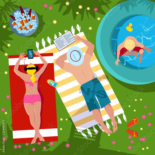 Family enjoying vacation or staycation at their own backyard, view from top, EPS 8 vector illustration