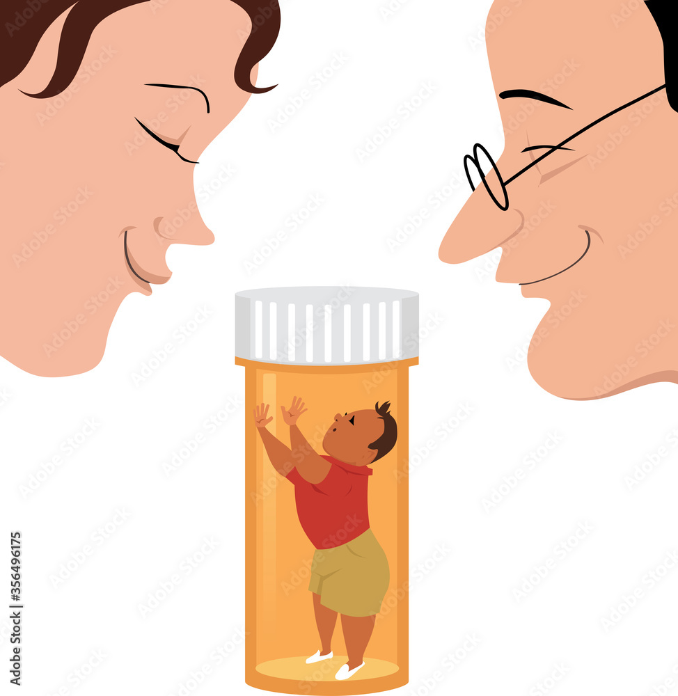 Parents depending on drugs for raising a child looking at a little boy locked inside a pill bottle, EPS 8 vector illustration Parents depending on drugs for raising a child looking at a little boy locked inside a pill bottle, EPS 8 vector illustration
