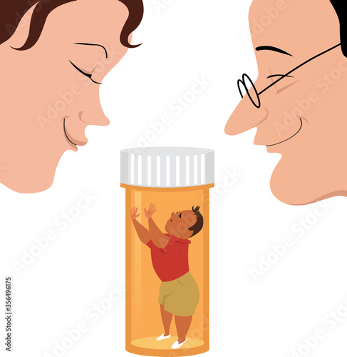 Parents depending on drugs for raising a child looking at a little boy locked inside a pill bottle, EPS 8 vector illustration