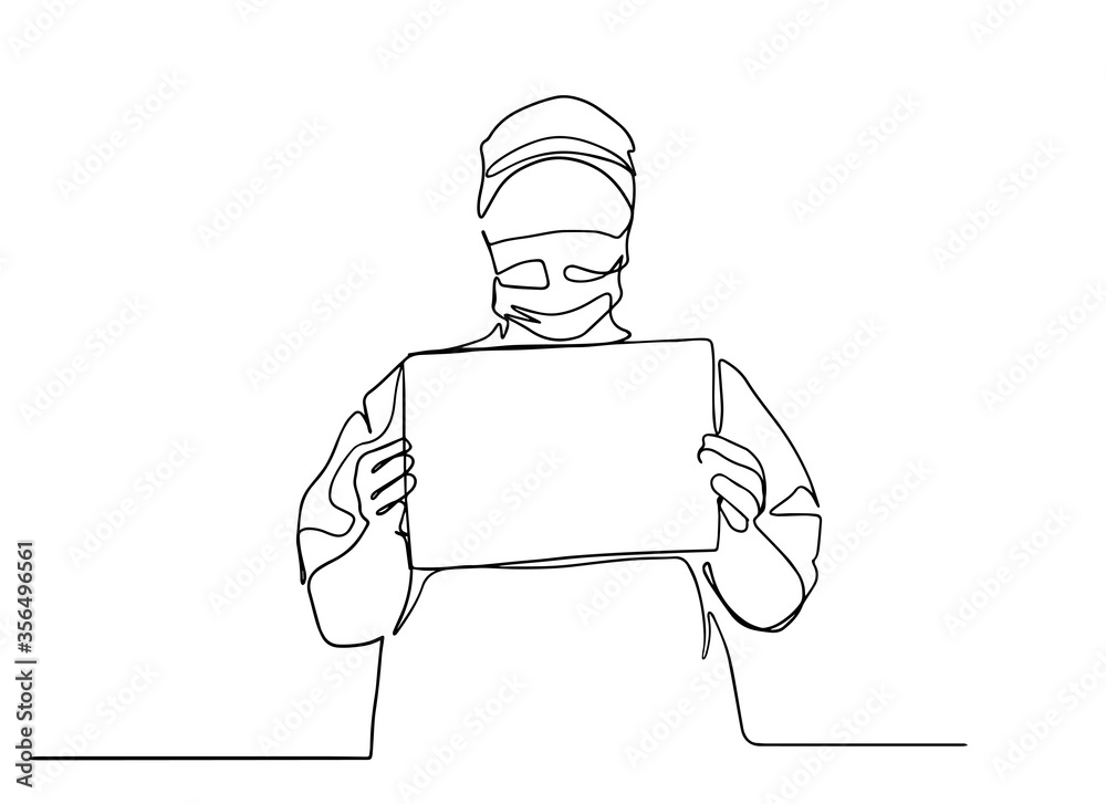 Coronavirus Covid-19 awareness campaign for social media with doctor I stay at work for you, you stay at home for us concept. doctor in protective suit standing with sign. line vector illustration. 