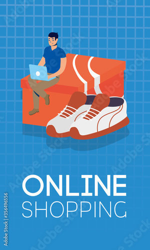 shopping online ecommerce with man using laptop buying tennis