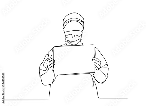 Coronavirus Covid-19 awareness campaign for social media with doctor I stay at work for you, you stay at home for us concept. doctor in protective suit standing with sign. line vector illustration. 