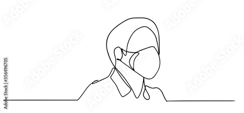 Continuous one line drawing.Portrait Young man in a protective face mask from coronavirus .Concept sign doodle cartoon character flat modern minimal illustration. Covid-19 virus problem. Vector