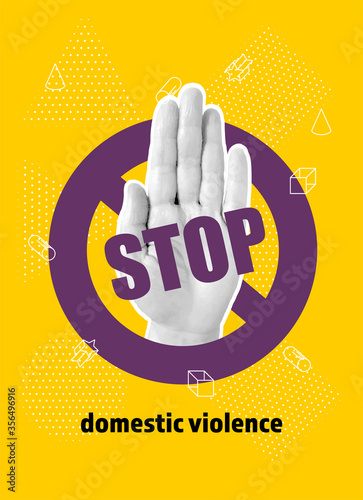 Domestic violence pop art banner on yellow background