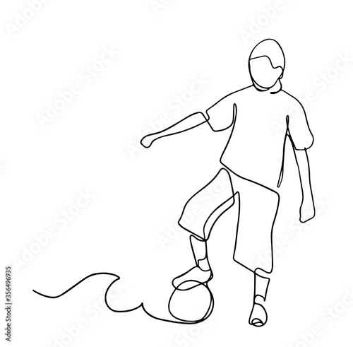 A kid playing football one continuous line drawing vector illustration isolated on white background. Minimalist design concept. Continuous line drawing. Illustration shows a football player.