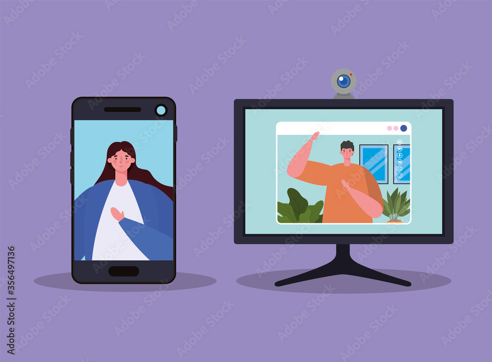 Woman and man avatar on smartphone and computer in video chat design, Call online conference and webcam theme Vector illustration Woman and man avatar on smartphone and computer in video chat design, Call online conference and webcam theme Vector illustration