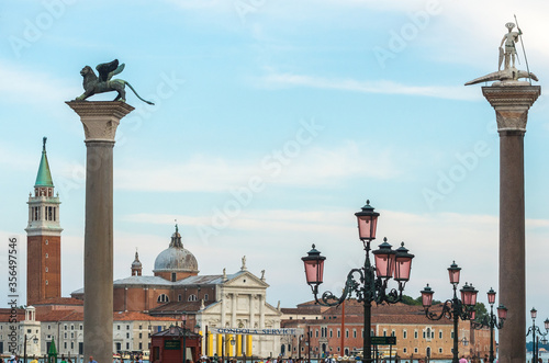 Saint Theodor statue on a column on the Piazza San Marco of Venice in Italy 