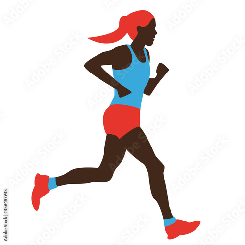 Running woman. Beautiful girl in excellent sport shape runs. Cartoon realistic illustration. Flat sportive people. Concept sports lifestyle, training. Fitness. Vector illustration on white background.
