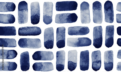 Dark navy blue watercolor brush strokes, gradient smears seamless repeat vector pattern. Watercolour uneven spots or stains mosaic texture. Abstract hand drawn geometrical template, vintage background