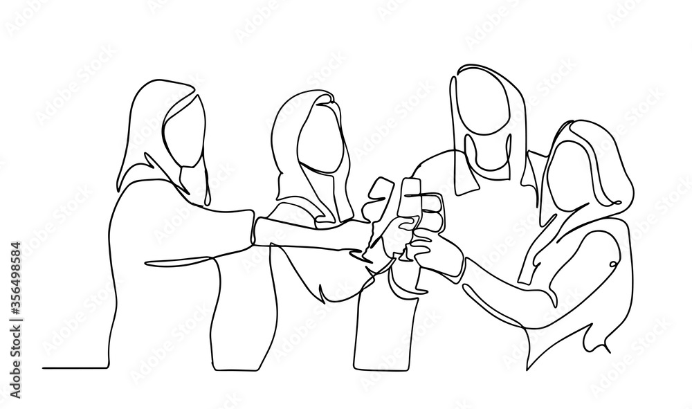 People celebrate. Friends in hat dancing and laughing together. Group of happy men and women have fun and drink cocktails. continuous line drawing Friends Party celebration champagne fun happiness