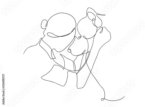 Continuous line drawing of a happy pet with a dog. A young woman squatting, hugs and kisses her dog. Funny girl hugs her pet. Vector illustration.