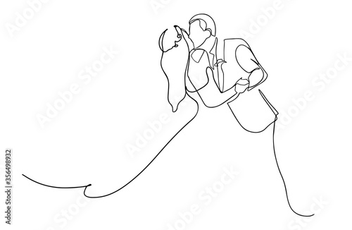 One continuous drawn line wedding drawn from the hand picture silhouette. line art. The characters of the bride and groom of the husband and wife are married. vector illustration. Vector.