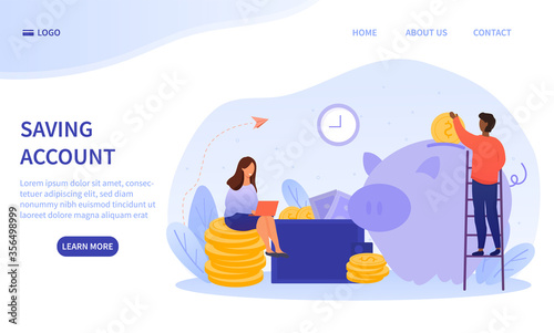 Money, finances and Savings Account concept with a multiracial couple with the woman seated on stacked gold coins as the man places money into a piggy bank, colored vector illustration