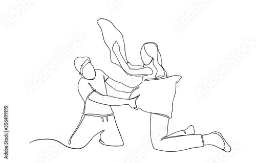 Man and woman pillow fighting countinious line illustration. Pilow fight. Self isolation. concept of staying home. A man and woman made a pillow fight on the bed in the bedroom. adults playing.