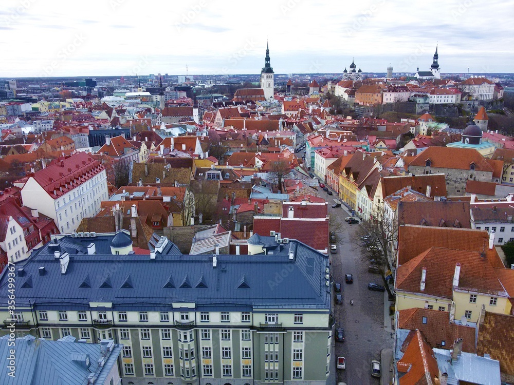 Obraz premium View of the roofs of the old city of Tallinn and the seaport from a high tower
