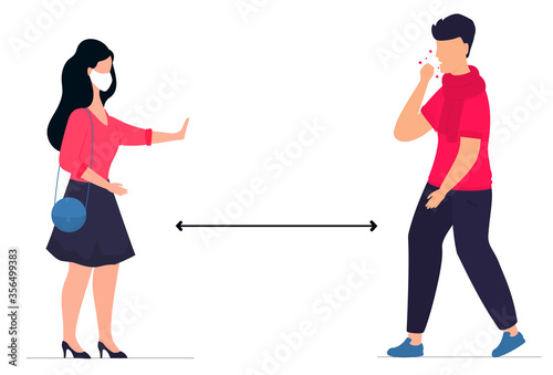 COVID-19. Keep distance. A man coughs infected with a coronavirus. Woman shows stop gesture. Preventive measures. Protect yourself